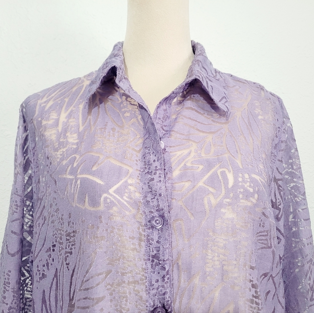 Alfred Dunner Purple Sheer Burnout Button Front Blouse Women’s Size 14 Floral - Picture 4 of 11